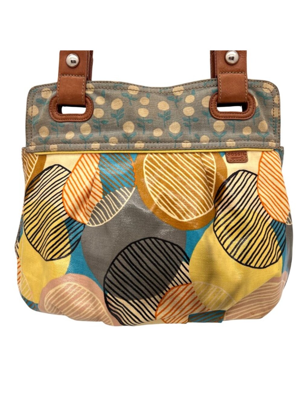 Fossil Key-Per Multicolor Coated Canvas Tote Purse Leather Handles Zipper Pocket - Picture 8 of 16
